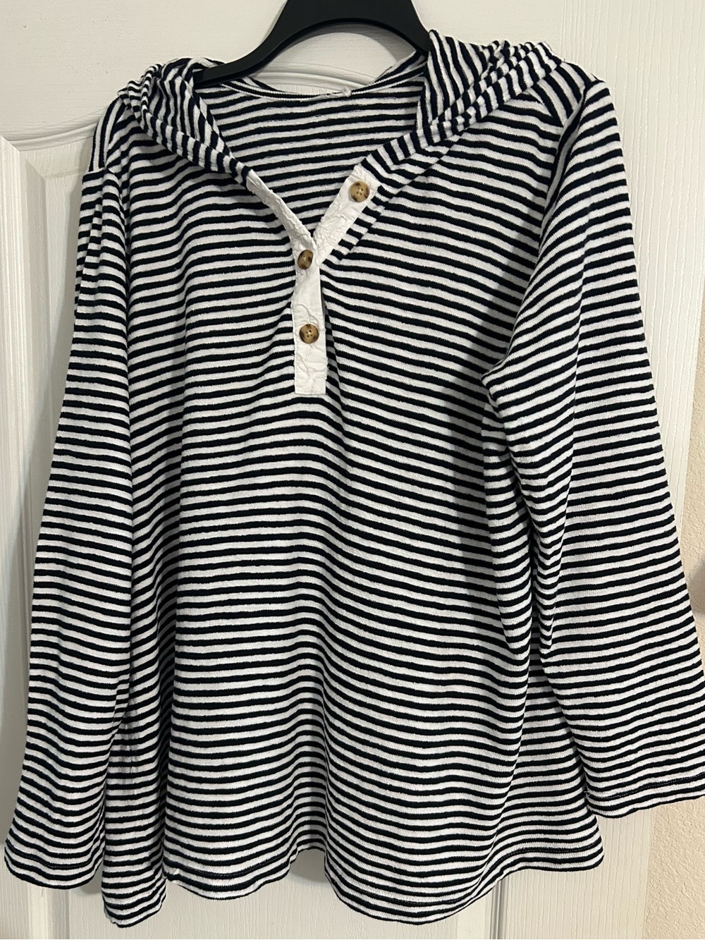J. Jill Navy & White Striped Hooded Button-Front Top